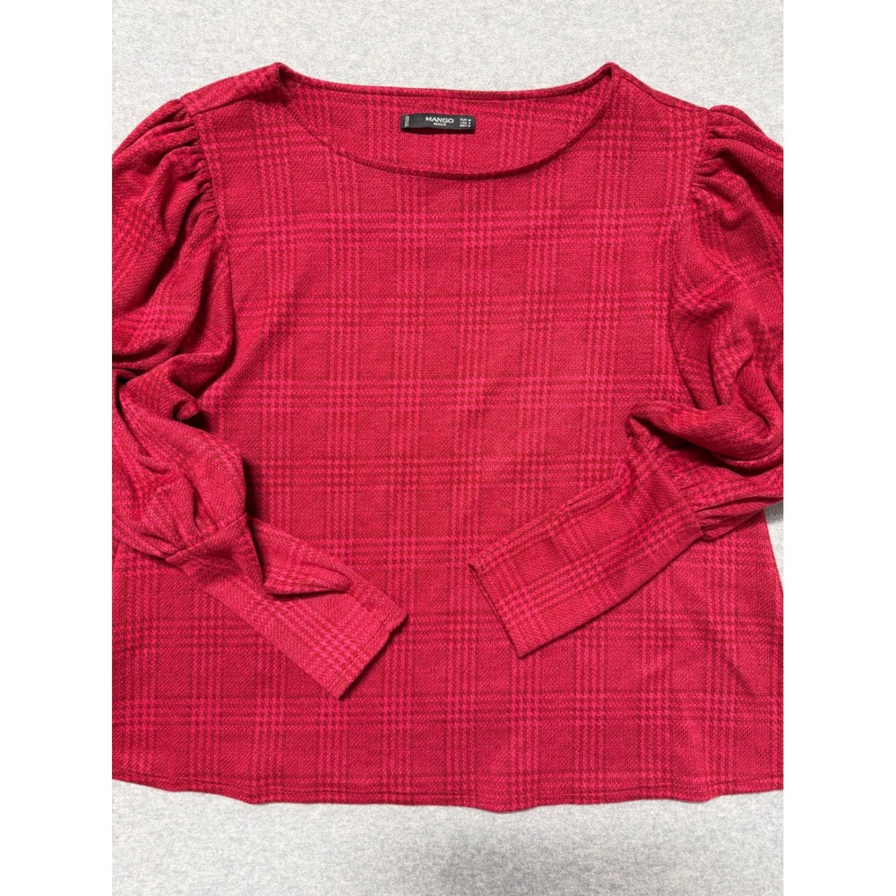 Mango Basics Red Glen Plaid Puff Sleeve Boat Neck Top‎ Womens Size Small S